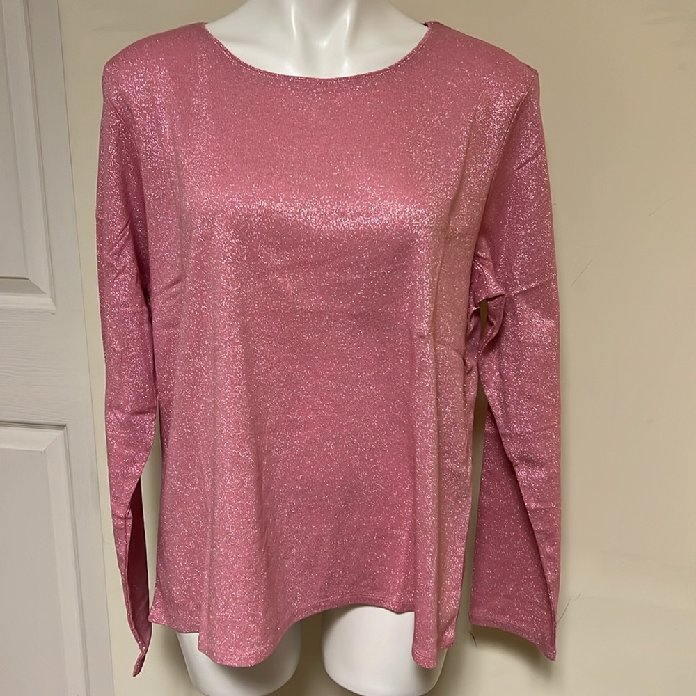Susan Graver Pink Silver Glittery Long Sleeve Shirt XL NWT
